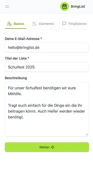 BringList start a list